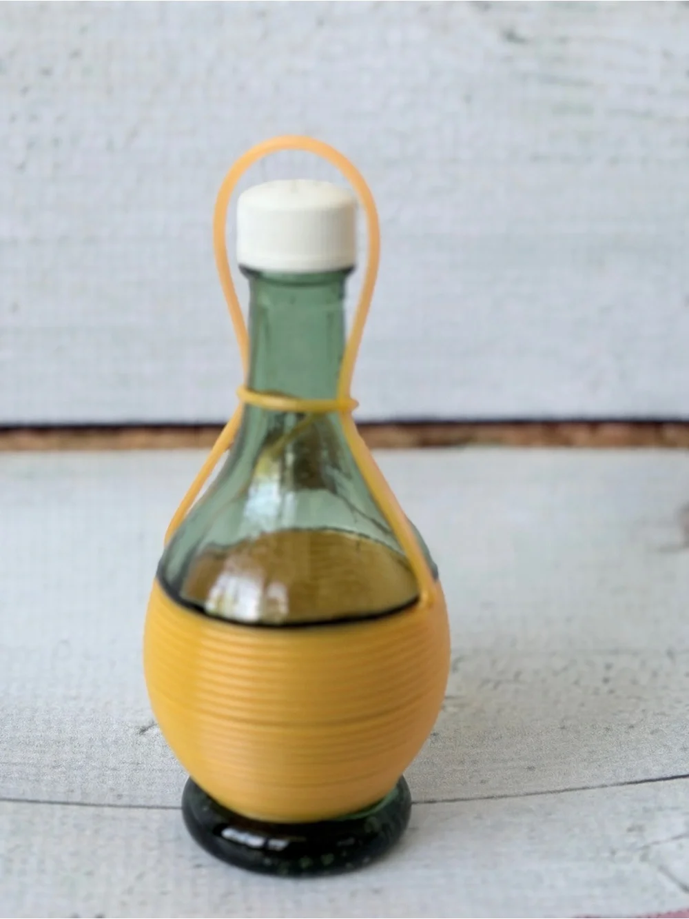 Vintage Ucagco Italy Green Glass Wine Bottle Salt Shaker Plastic Raffia Wrap
